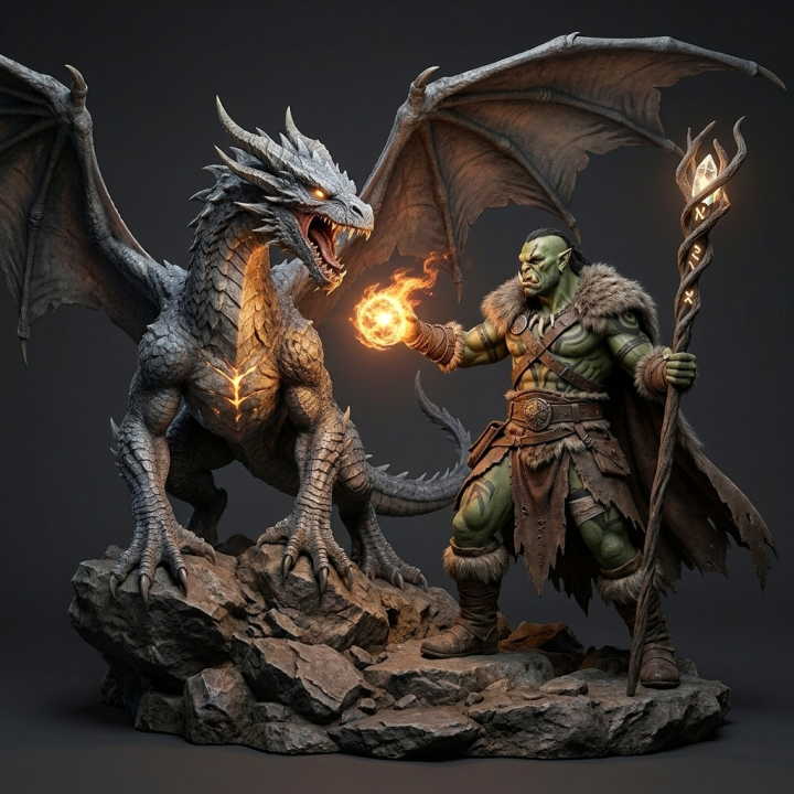 Diorama dragon et mage orc